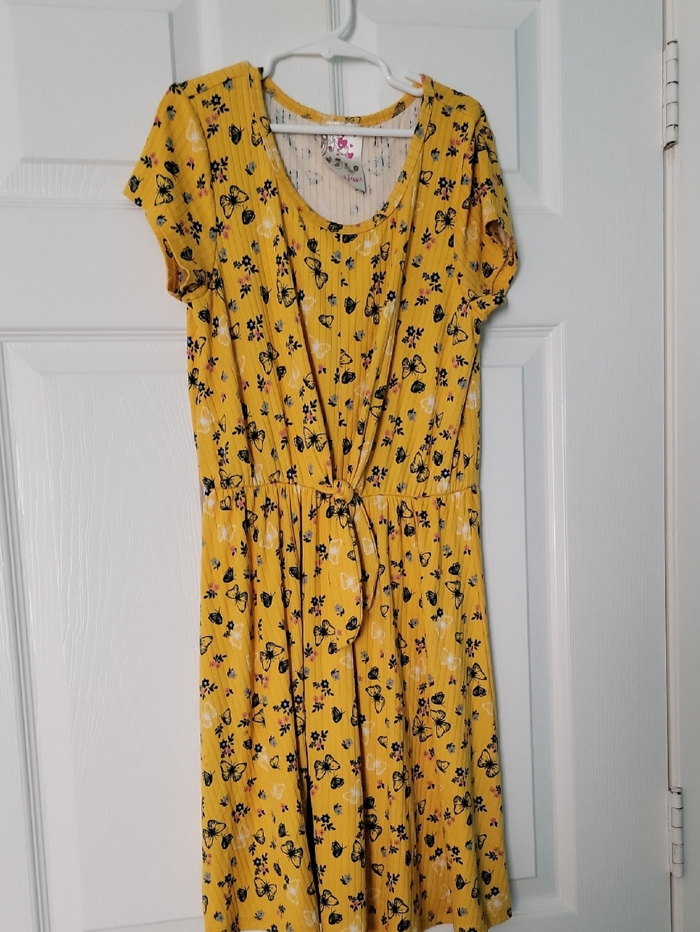 Girls' Yellow Butterfly Print Tie-Waist Casual Dress